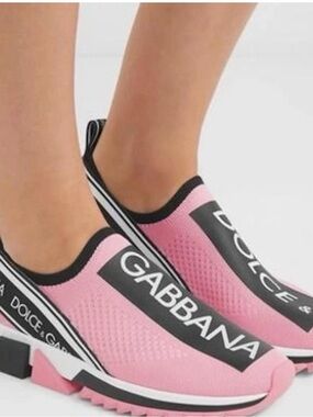 Dolce & Gabbana Pink and Black Logo Slip-On Sneakers